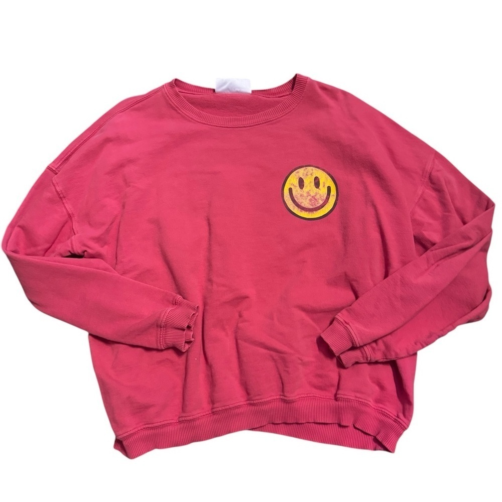 Jean + June Cozy Pink Smiley Sweatshirt, Size L/XL, Distressed Sweatshirt, Trend